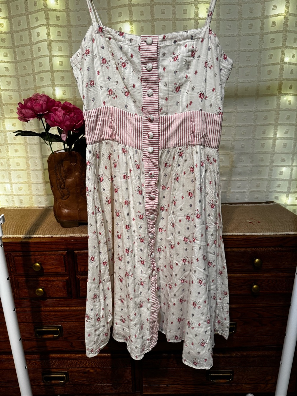 Anthropologie Odille Floral Dress Cottagecore Pink White Button Front Size 6